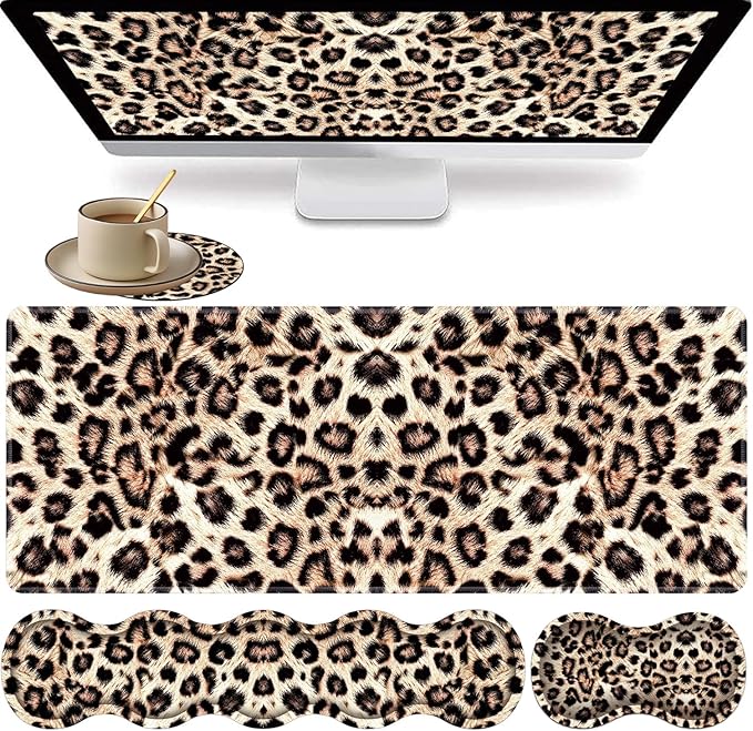 Large XXL Gaming Desk Mat 31.5x 11.8 Ergonomic Keyboard Wrist Rest &amp Mouse Pad Wrist Rest + Coaster Set Non-Slip Base Memory Foam Office and Home Leopard Print