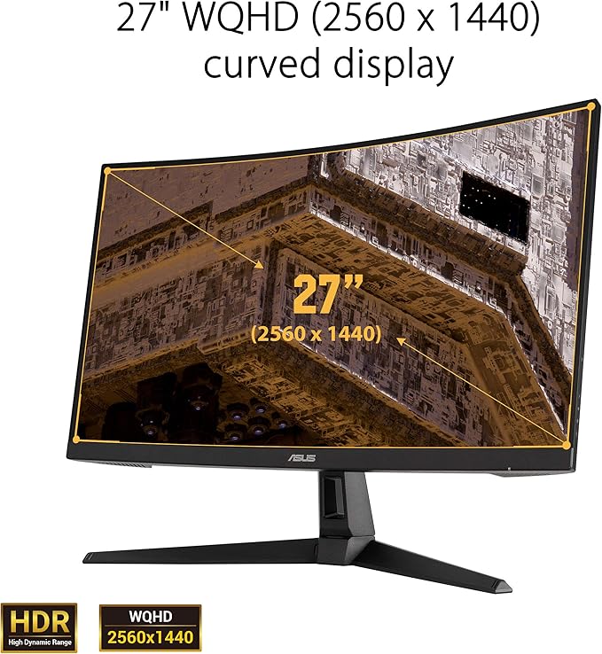 ASUS TUF Gaming VG27WQ1B 27” Curved Monitor 1440P WQHD (2560 x 1440) 165Hz (Supports 144Hz) 1ms Adaptive-sync/FreeSync Premium Extreme Low Motion Blur Eye Care HDMI DisplayPort HDR10