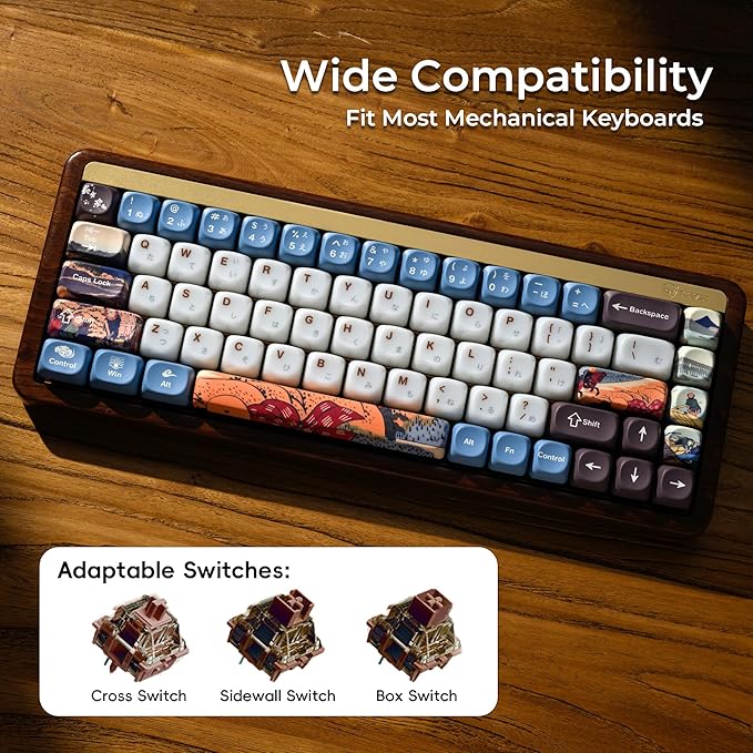 OHY XVX MOA Profile Keycaps Set Japanese Mount FujiTheme 132 - Key White &amp Blue Custom Keycaps with PBT + Frosted Translucent PC Material for ANSI Layout Mechanical Keyboards- - Musashi Senju