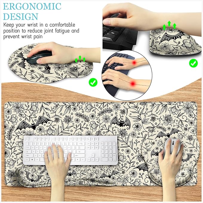 Goth Bat Mouse Pad Set Large Desk Mat for Desktop Ergonomic Mouse Pad with Wrist Rest for Gaming Keyboard Mat Wrist Support Cup Coaster Set Gothic Office Desk Accessories Decor Supplies