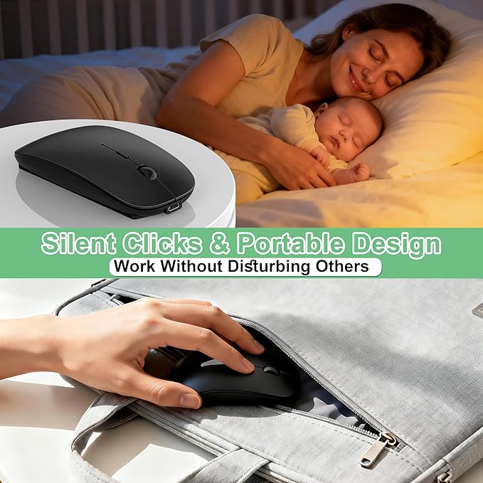 Wireless Mouse for Laptop/MacBook Air/Pro &amp iPad Mouse Jiggler Mode Bluetooth 5.2/2.4G Rechargeable Silent Click 3-Level DPI Slim Portable USB-A&ampC Receiver (Mouse Jiggler Mode Black)