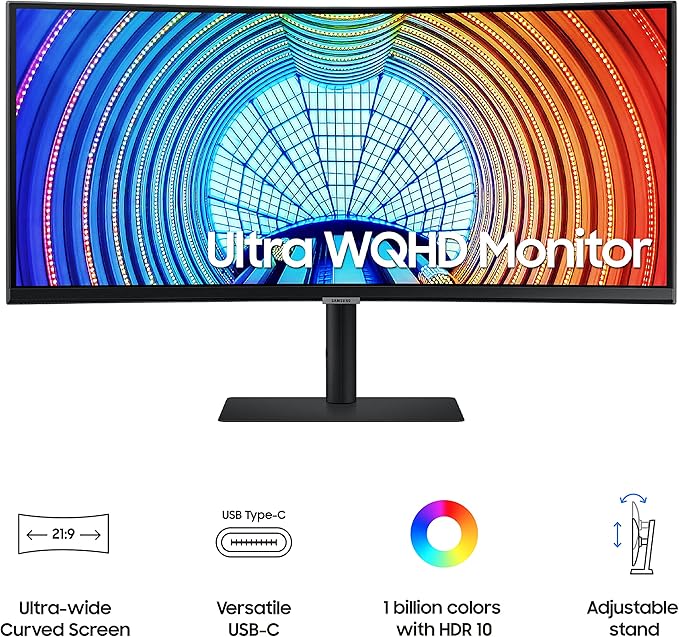 SAMSUNG 34 inch S65UA Ultra WQHD (3440x1440) Curved Monitor 100Hz HDR10 HDMI DP LAN 90W USB-C Charging Tilt/Swivel/Pivot Stand (LS34A650UXNXGO)