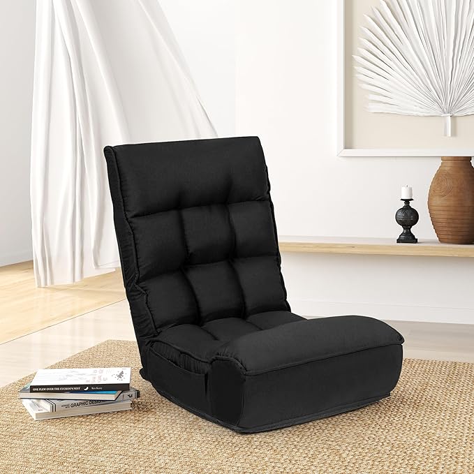 KOMFOTT Folding Floor Chair for Adults Floor Gaming Chair with 5-Position Adjustable Headrest &amp 4-Position Adjustable Backrest Side Pocket Floor Seating Lazy Sofa for Reading Meditating Black