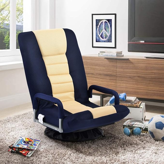 Foldable Floor Gaming Chair Video Gaming Rocker Chair for Adults 360° Swivel Comfort Armrest 7-position adjustable back for TV Reading 330 lbs Support Steel Frame Comfortable Fabrics (Blue+Beige)