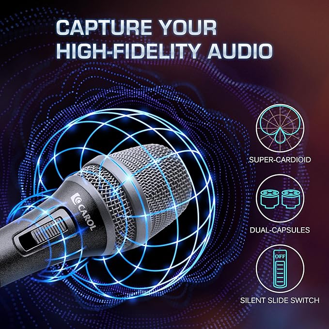 CAROL AC-900S XLR Wired Vocal Microphone – Dynamic Supercardioid Mic with Dual-Engine AHNC Noise Cancelling Tech for Singing Karaoke Stage &amp Studio Includes Mic Clip 14.8ft Cable &amp Switch