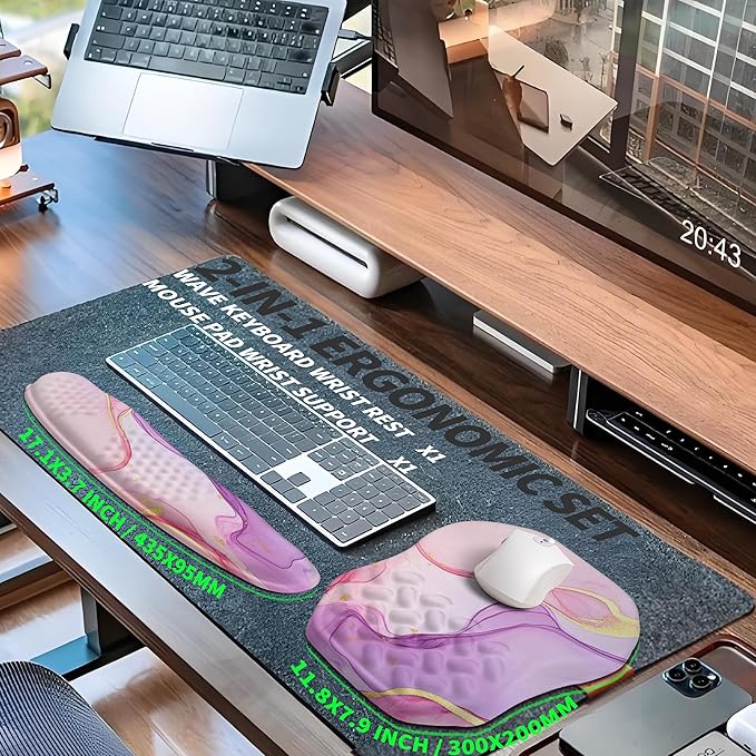 2-in-1 Ergonomic Set Wave Keyboard Wrist Rest and Massage Slope Mouse Pad Wrist Support Rebound Memory Foam for Relieve Carpal Tunnel Syndrome and Wrist Pain (Pink Purple Marble)