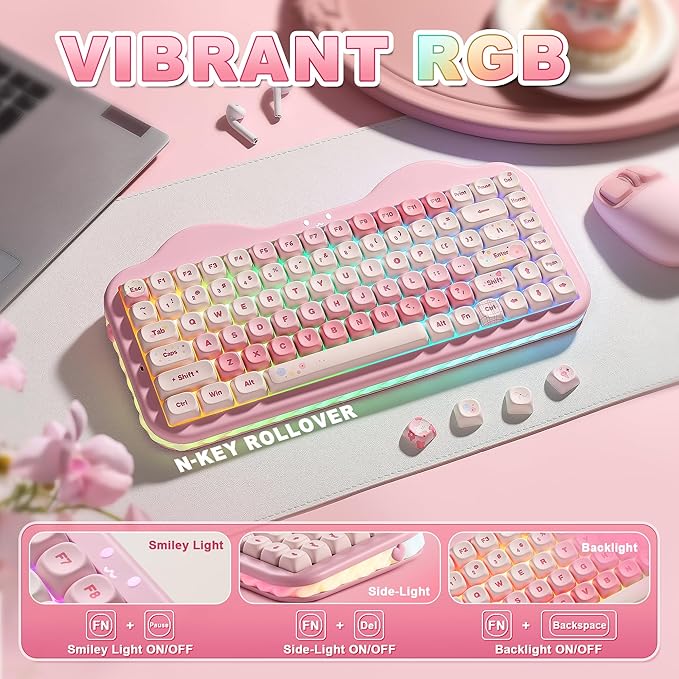 YUNZII C75 Wireless Mechanical Keyboard75% Layout Hot-Swappable NKROBT5.0/2.4G/USB-C ModeDye-Sub PBT MOA KeycapsRGB Gasket MountCute Cake Design for Mac/Win/Gaming (Pink Milk V2 Switch)