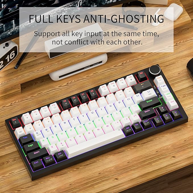 Newmen GM326 Wired Mechanical Keyboard75% Percent Mini Backlit Hot Swappable Gaming Mechanical Keyboard with Knob82 Keys Anti-Ghosting Compact Gaming Keyboards for PC Win MacBlack/WhiteRed Switch