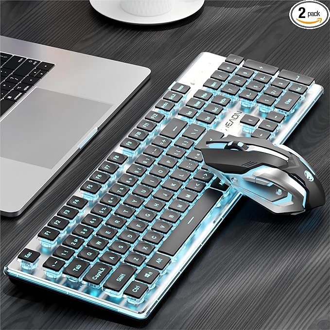 EWEADN V3 Wireless Keyboard and Mouse with Blue Backlit Metal Panel Bluetooth/2.4G Rechargeable Computer Keyboard and Mouse Combo Silent Lighted Full Size Cordless Keyboards-Black