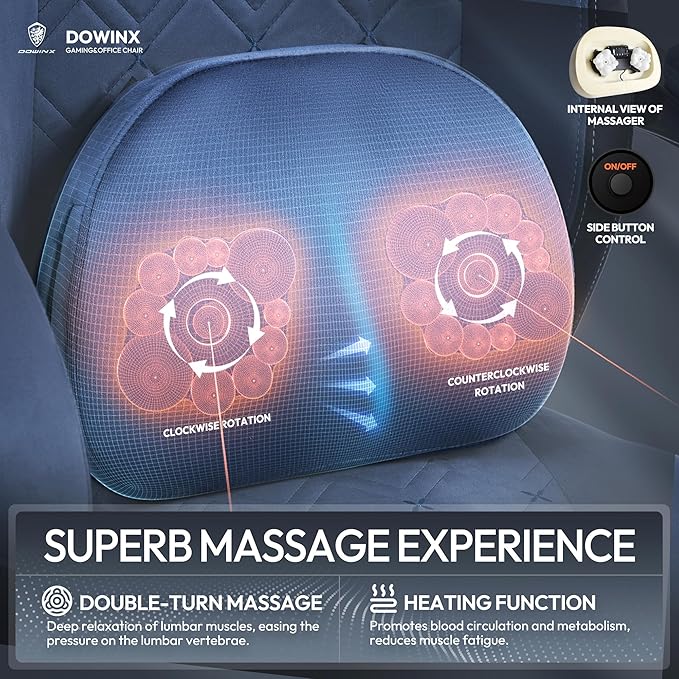 Dowinx Fabric Gaming Chair with Heated Massage Lumbar Support Computer Game Chairs for Adults Big Tall Gamer Chair with Pocket Spring Cushion and Footrest Recliner Gaming Chairs for AdultBlue