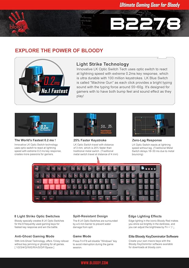 Bloody B2278 8-Key Light Strike (LK) Semi Optical Mechanical Gaming Keyboard – Red LED Backlit – 8 LK Blue Switch