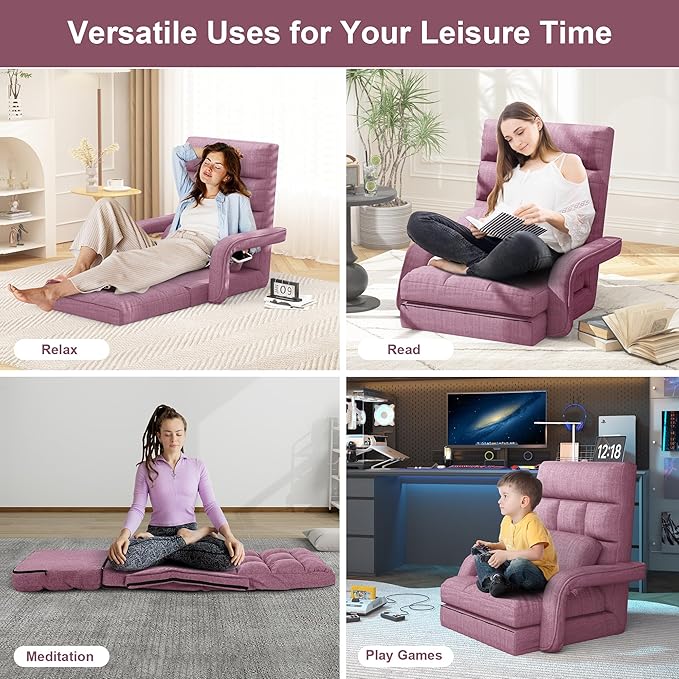 Adjustable Floor Gaming Chair for Adults 6-Position Chaise Lounge Chair with Meditation Arm Foldable Lazy Sofa with Pillow Comfy Chair Indoor for Bedroom Dorm Living Room Purple