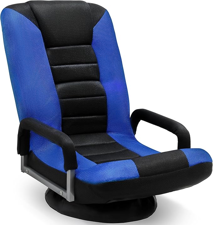 Swivel Floor Gaming Chair - Video Lounger Enjoy 6 Different Positions Adjustable Backrest Removable Arm Rests Folds to Store Stylish Blue with Black Center Stripe