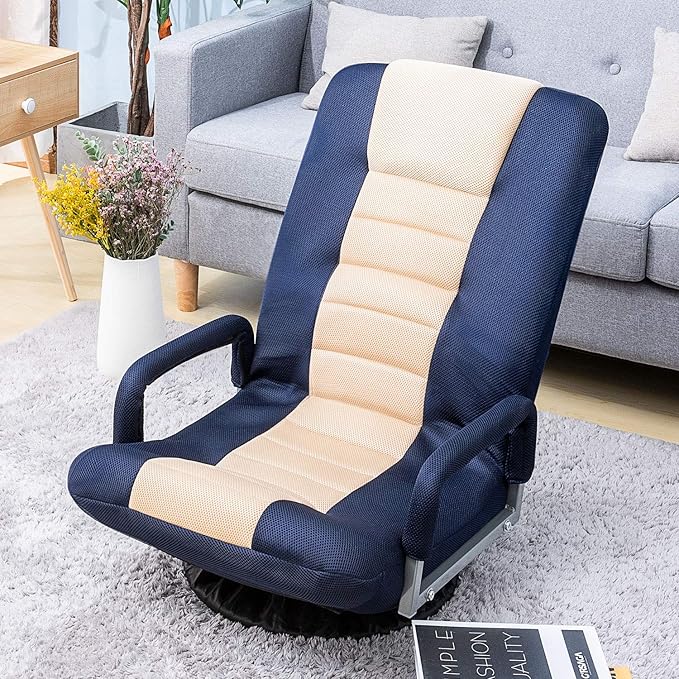 Living ChairSwivel Video Rocker Gaming Chair Adjustable 7-Position Floor Chair Folding Sofa Lounger Blue+Beige…