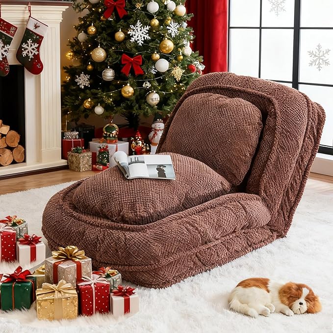 Floor Chair with Back Support Folding Sofa Chair with 5 Adjustable Position Plush Floor Gaming Chair Meditation Chair for Lazy Boys Human Dog Bed for Living Room Bedroom Lounge Brown