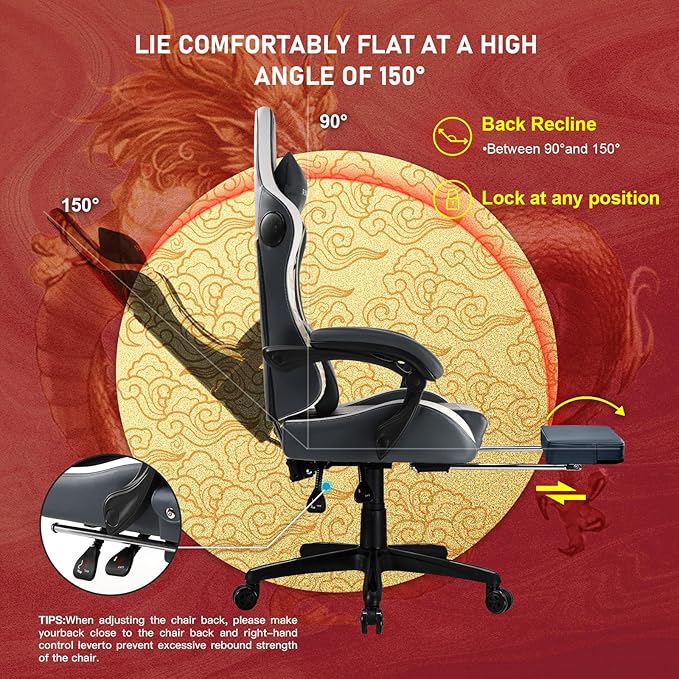 GTPLAYER Gaming Chair with Bluetooth Speakers and Footrest Dragon Series Video Game Chair Heavy Duty Ergonomic Esports Computer Office Chair(BLUEGRAY)