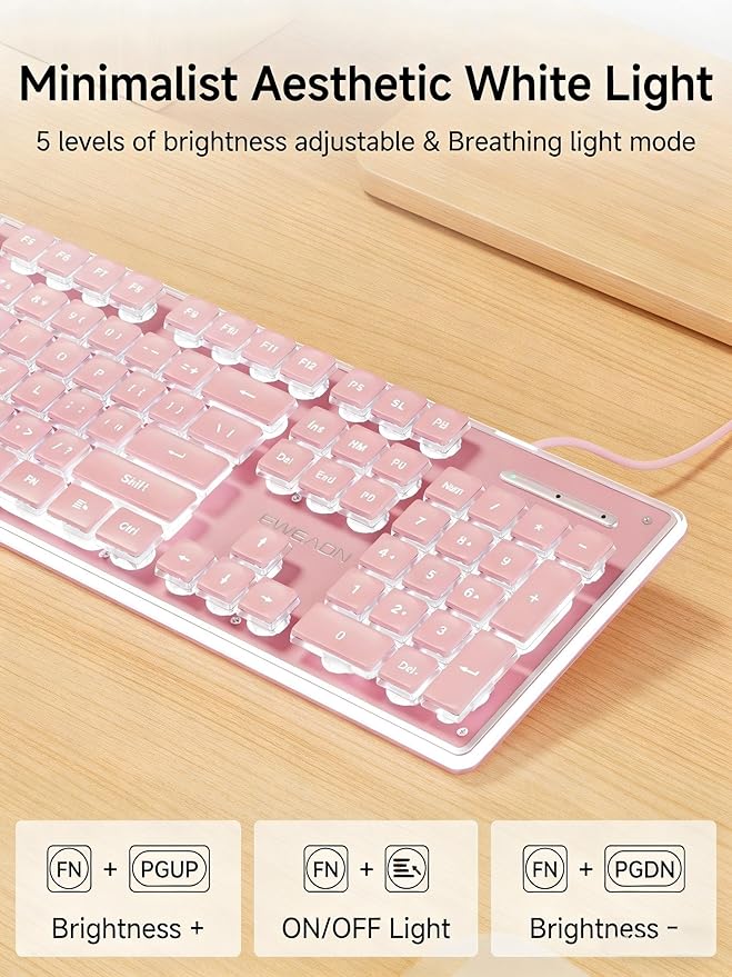 EWEADN GX710S Backlit Computer Keyboards Wired USB Keyboard with White Backlit Metal Panel Plug and Play Pudding Keycaps Full Size Quite Computer Keyboard for Win/PC/Laptop-Pink