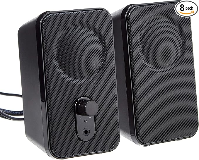 Amazon Basics AC-Powered Computer Speakers for Desktop or Laptop PC with Volume ControlHeadphone JackBlack (US Version)(Pack of 8)