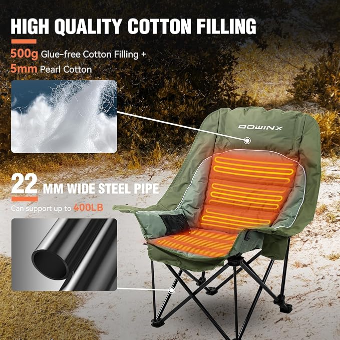 Dowinx Heated Camping Chair for Adults - Oversized Extra Large Folding Chair with Adjustable Padded Seat Cup Holder 400 lbs Capacity Green