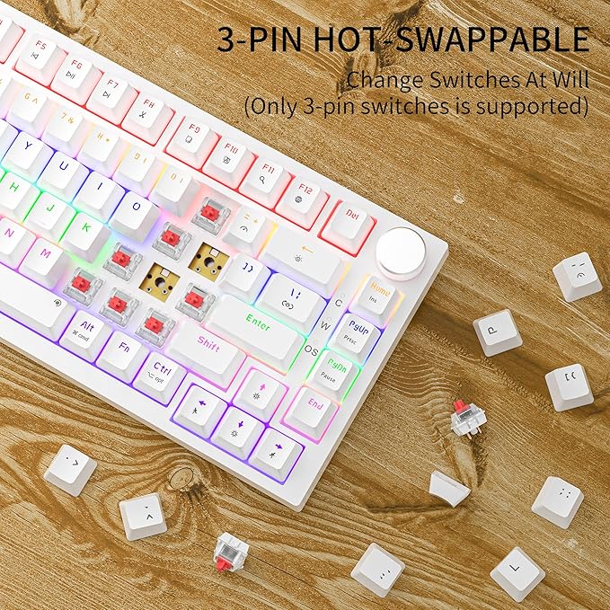 Newmen GM326 75% Percent Mechanical KeyboardWired Mini Backlit Hot Swappable Gaming Mechanical Keyboard with Knob82 Keys Anti-Ghosting Compact White Gaming Keyboards for PC Win MacRed Switch