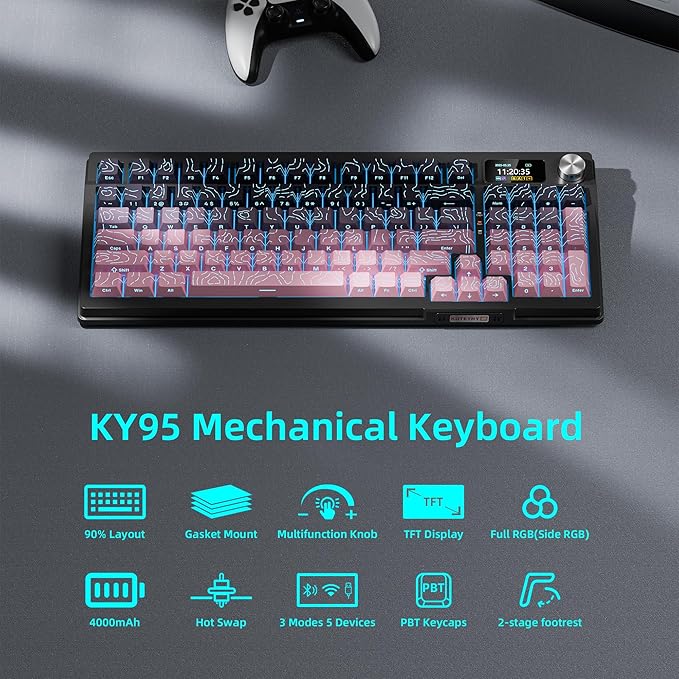 KUTETHY Wireless Mechanical KeyboardSmart Display &amp KnobTri-Mode BT5.0/2.4GHz/USB-CHot Swappable Pre-lubed Kailh SwitchesContour keycapsRGB Backlit Gaming Keyboard (BlackBerry Contours)