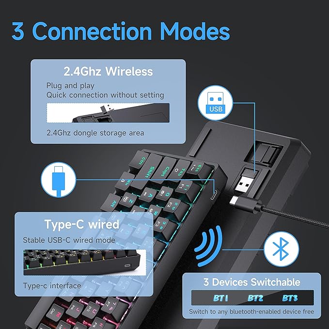 DIERYA DK63 60% Wireless Mechanical Gaming Keyboard | Bluetooth/2.4G/Wired Keyboard | RGB Backlit Compact 63 Keys Mini Office Keyboard | with Blue Switch | for Windows Laptop PC Gamer Typist-Black