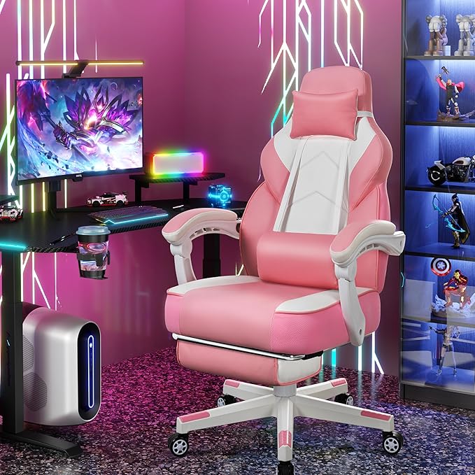 Meilocar Gaming Chair with Footrest Video Game Chair for Adults Ergonomic Big and Tall Computer Chairs with Massage Lumbar Support 330lbs 360° Swivel Seat (Pink)