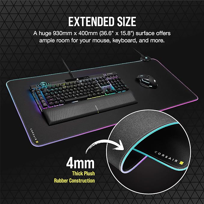 Corsair MM700 RGB Extended Cloth Gaming Mouse Pad - 36.6 x 15.8 - 360° RGB Lighting - Two USB Port Hub - Thick Rubber - Black