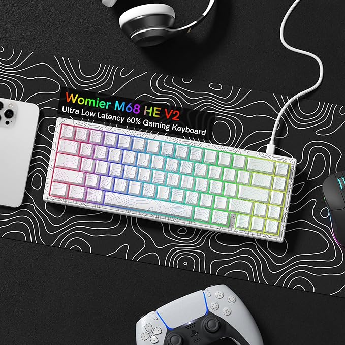 Womier M68 HE V2 Rapid Trigger Keyboard 60% Percent Hall Effect Topographic Gaming Keyboard Wired RGB Custom Mechanical Key Board with Magnetic Switch PBT Keycaps for Mac/Win (White)