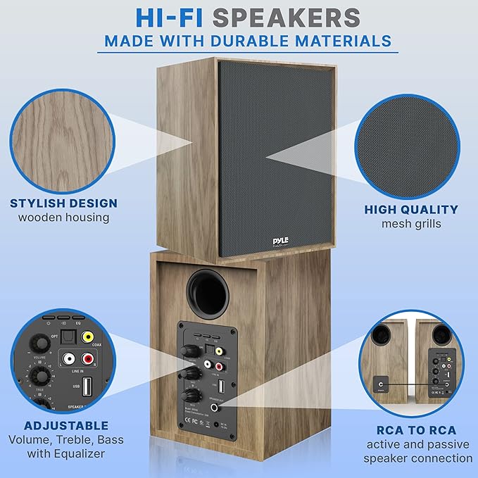 PyleUsa Powered Bookshelf Speaker Monitors HiFi Studio Monitor Computer Desk Stereo Speaker System Opt/Coax/RCA/USB/AUX Out Connection VOL/TREB/BASS Control Studio Sound Wood - PBKSRB40