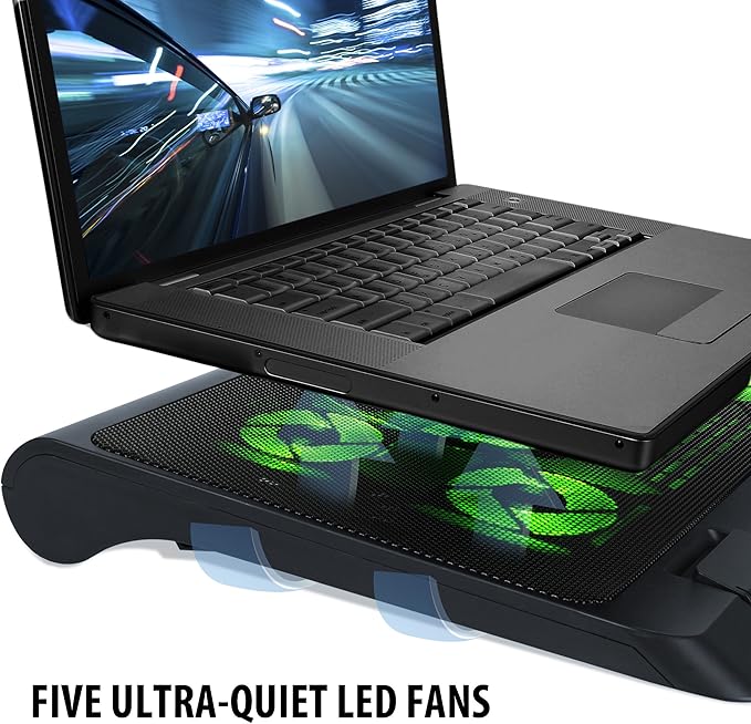 Enhance Gaming Laptop Cooling Pad Stand with LED Cooler Fans Adjustable Height &amp Dual USB Port for 17 inch Laptops - 5 Ultra Quiet High Performance Fans 2630 RPM &amp Built-in Bumpers - Green
