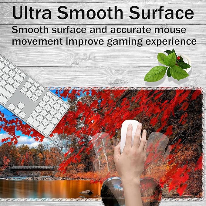 Large Game Mouse Pad + Wrist Support Pad + Coffee Coaster Red Maple Lake Foldable Table Mat with Stitched Edge Non-Slip Set Pad Suitable for Office Work and Home