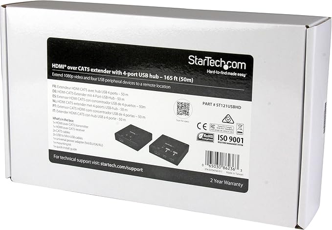StarTech.com HDMI over CAT6 Extender with 4-port USB Hub - Remote HDMI over CAT5 or CAT6 - 165 ft (50m) - 1080p  TAA (ST121USBHD)