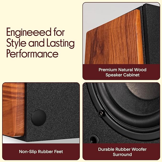 Pyle Powered Bookshelf Speaker System with Bluetooth 80W Active Stereo Speakers Bass Reflex Natural Wood Cabinet Hi Def ARC Optical Coax Subwoofer Out for Home Theater Computer Studio (Pair)