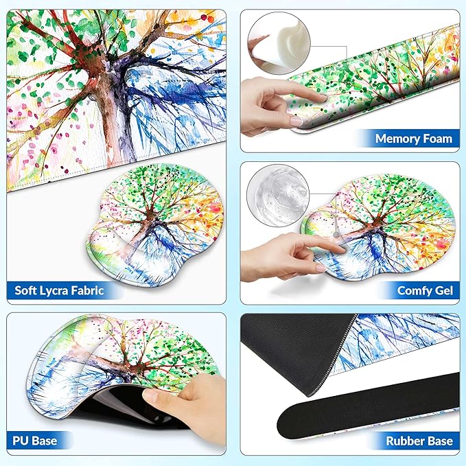 Desk Mat Set + Keyboard and Mouse Pad with Wrist Rest Support4-in-1 Large Mousepad Computer Mats for Desktop Home &amp Office-Watercolor Tree