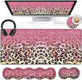 Large Mouse Pad Extended Gaming Mouse Pad 31.5x11.8 Ergonomic Memory Foam Keyboard Wrist Rest Support for Home Laptop Big Office Desk Pad with Non-Slip BasePink Faux Glitter Leopard Desk Mat