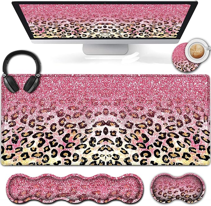 Large Mouse Pad Extended Gaming Mouse Pad 31.5x11.8 Ergonomic Memory Foam Keyboard Wrist Rest Support for Home Laptop Big Office Desk Pad with Non-Slip BasePink Faux Glitter Leopard Desk Mat