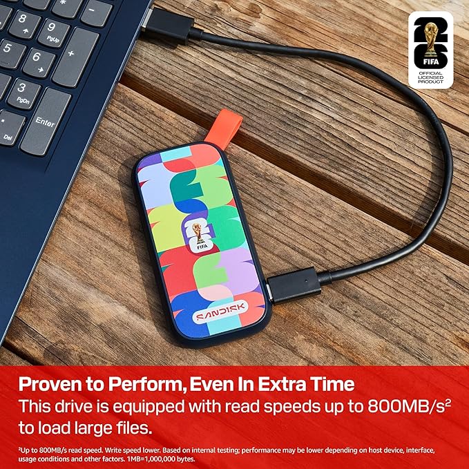 SANDISK 1TB Portable SSD FIFA World Cup 2026 Edition – Up to 800MB/s – Compatible with laptops Plus Android Tablets and Phones – Black - SDSSDE30F-1T00-G25