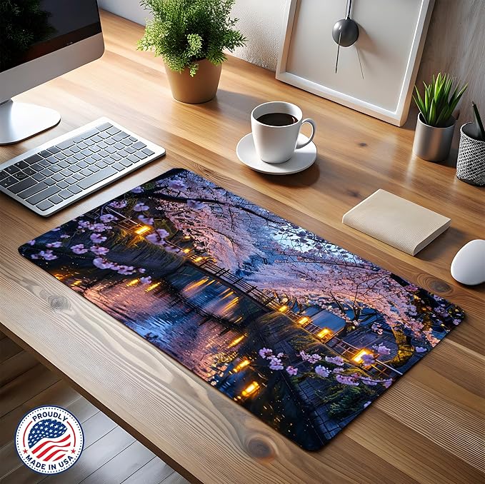 Serene Cherry Blossom Bridge Desk Mat Tranquil Nightscape Large Gaming Mouse Pad Non-Slip Waterproof Office Desk Mat for Workstation Japanese Garden-Inspired Desktop Decor 31 x 15in