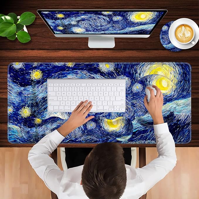 Mouse PadLarge Pink Desk Mat 4in1 XXL Mousepad + Keyboard Wrist Rest+Mouse Wrist Rest+Coaster Set with Ergonomic Desk Pad for Home Office Table Computer-Abstract Night Sky