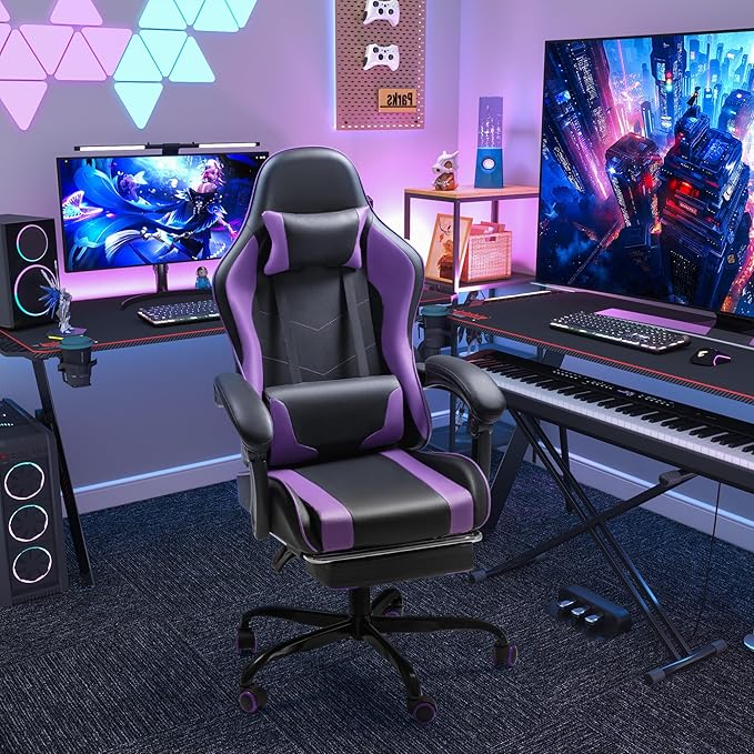Homall Gaming Chair Video Game Chair with Footrest and Massage Lumbar Support Ergonomic Computer Chair Height Adjustable with Swivel Seat and Headrest (Purple)