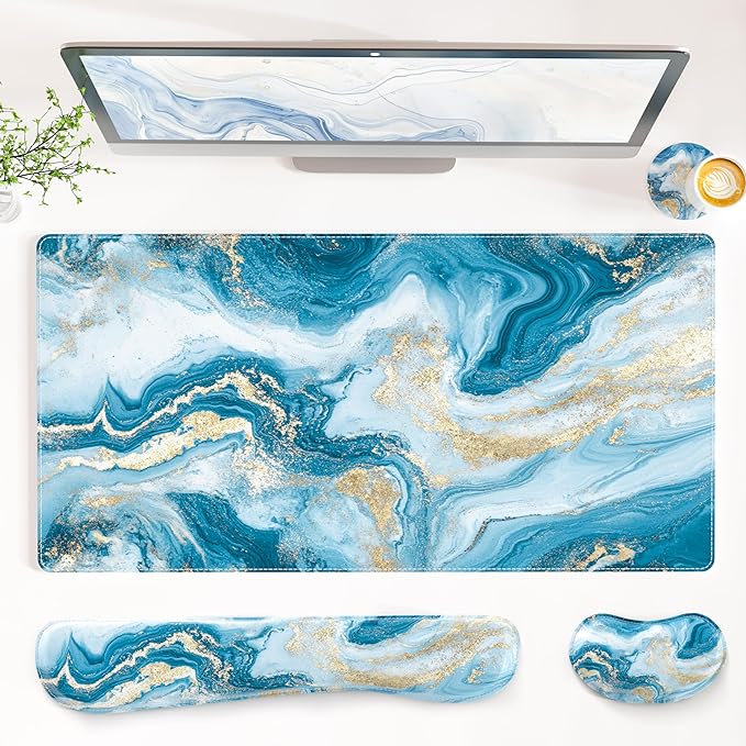 QiyI Leather Desk Mat Set 4-in-1 Large Mouse Pad with Wrist Rest Non-Slip Desk Pad + Keyboard Wrist Rest + Mouse Wrist Support + Coaster Office Desk Accessories Home Decor Supplies Blue Fluid Art
