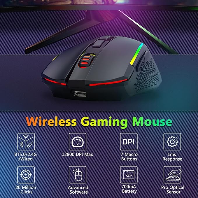 Redragon Wireless Gaming Keyboard and Mouse Combo Bluetooth/2.4G/USB-C Wired RGB Backlit 75% Portable Quiet Rechargeable Macro Membrane Keyboard &amp 12800 DPI Mouse with Software for Win/MAC