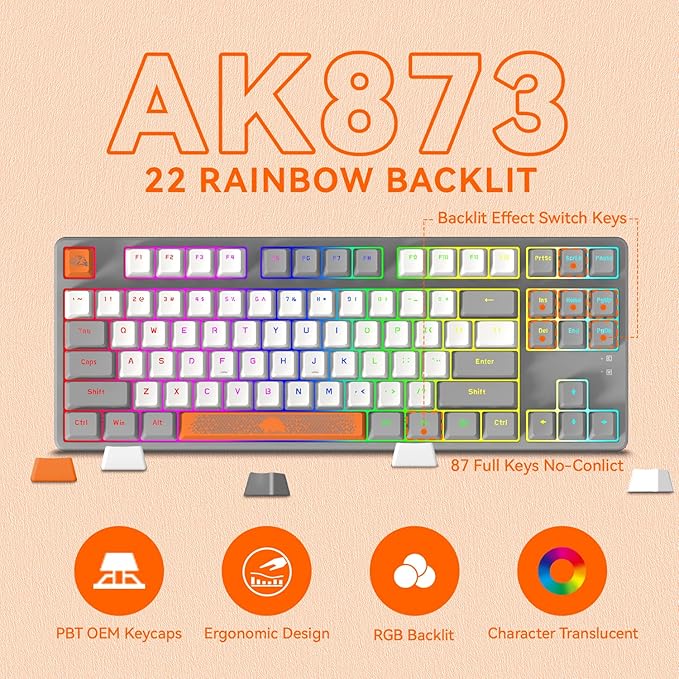 MAGIC-REFINER AK873 Wired 75% TKL Gaming KeyboardHot-Swappable Blue SwitchPBT KeycapRainbow Led BacklitErgonomic Mechanical Keyboard+Custom Coiled USB/Type-C Aviation Cable for PC/Mac (Gray White)
