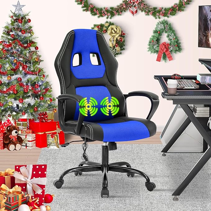 Gaming Chair Massage Office Chair Ergonomic Video Game Chairs Adjustable Reclining Computer Chair with Lumbar Support Armrest Headrest Task Rolling Swivel Chair Game Chair for Adult Teen Blue
