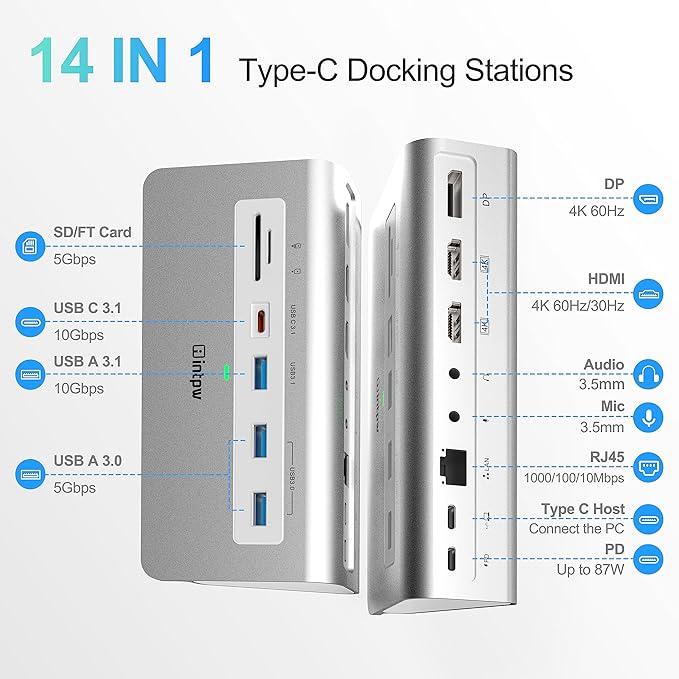 USB C Docking Station Triple Monitor 14-IN-1 Laptop Docking Station 10Gbps with 2 HDMI/DP 4K USB A/C 3.1 2 USB 3.0 PD 100W Ethernet SD/TF 3.0 Mic/Audio Type C Host for Mac Windows Chrome PC
