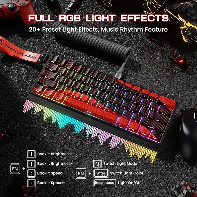 MAMBASNAKE X60 HE Magnetic Switch Keyboard Adjustable ActuationBT/2.4G/Wired Tri-Mode 60% Percent Mechanical Gaming Keyboard8KHz Polling Rate Rapid TriggerWeb Driver for Win/Mac-Black &amp Red