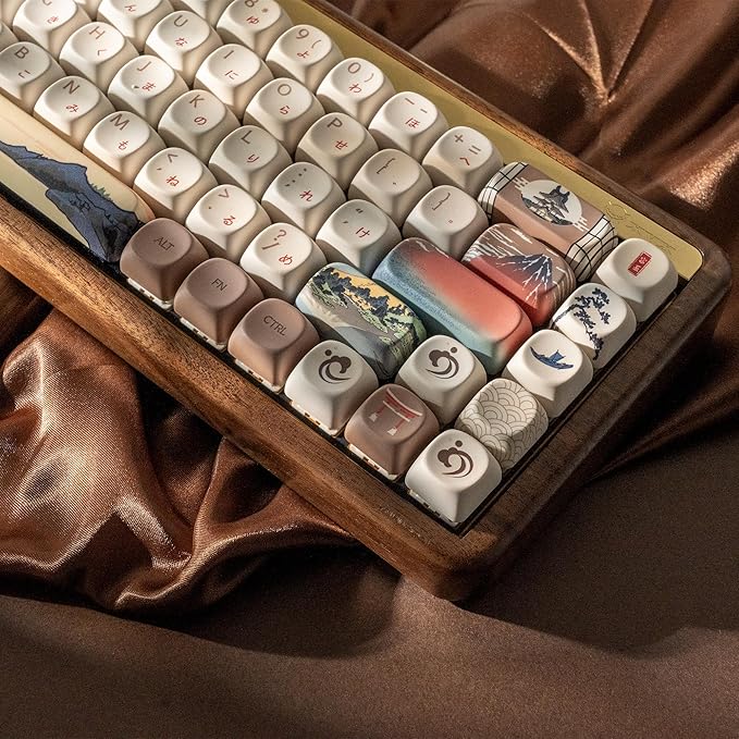 OHY XVX MOA Profile Japanese Fuji Mountain Theme PBT Keycaps Set 140-Key Coffee &amp Cream Custom Keycaps for US Layout Mechanical Keyboards (Brown/Beige Design with Key Puller)