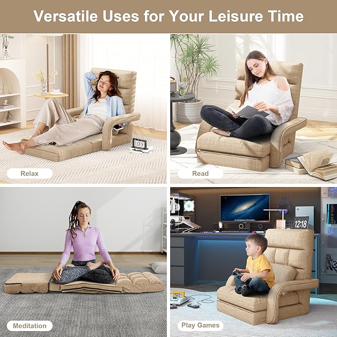 Floor Gaming Chair for Adults 6-Position Adjustable Chaise Lounge Chair with Meditation Arm Foldable Lazy Sofa with Pillow Comfy Chair Indoor for Bedroom Dorm Living Room Beige