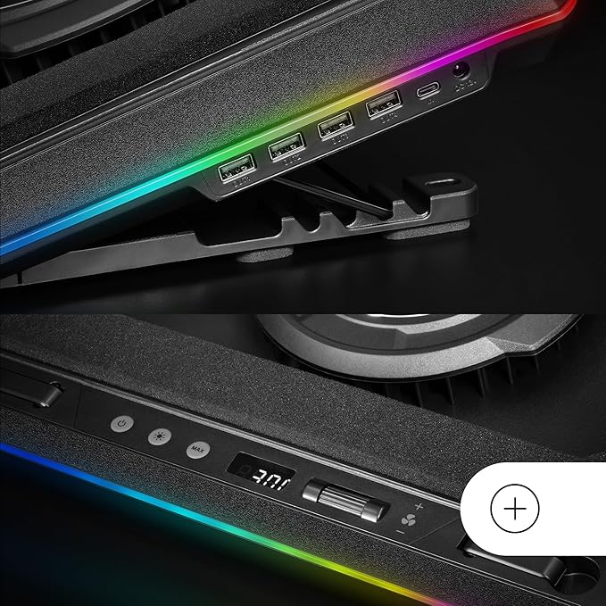 Mars Gaming MNBC Ultra Cooling Base and Stand 140 mm Fan CoolCore Airflow Technology RGB Chroma 5 Positions Compatible with Laptops up to 18 Inches Smartphone Holder 4 x USB-A Black